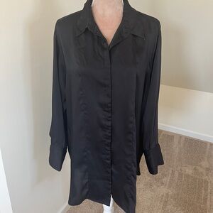 H&M Women’s Size Large Satin Shiny Black Long Sleeve Collared Button Down Dress